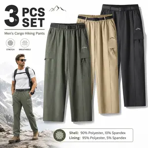 3-pack men’s loose straight cargo pants, elastic waistband, practical casual trousers with multiple pockets, includes belt; lightweight straight-leg—essential for outdoor activities, leisure, travel, and commuting.