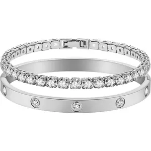 2pcs/set Elegant Silver-Plated Rhinestone Cuff Bracelet – Stainless Steel & Cubic Zirconia