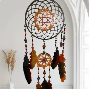 Amber Star Catcher Dreamcatcher with Orange Beads and Feathers for Home Decor