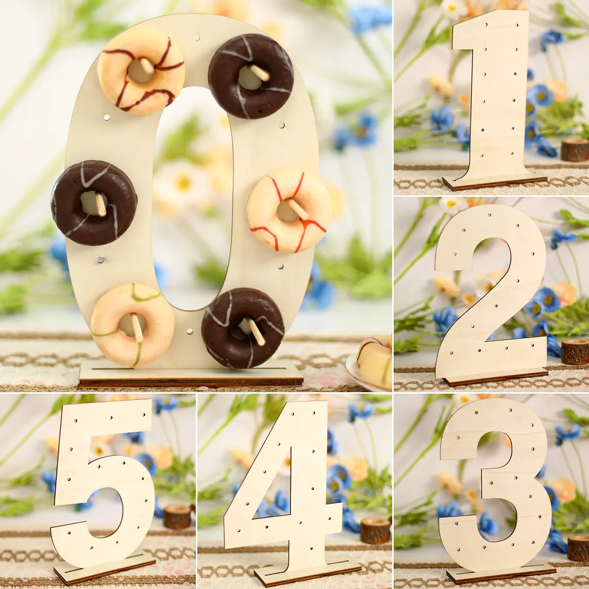 DIY Wooden Numbers 0-9 Hangable Donut Wall Mount Display Stand - Hanging Mount Dessert Table Stands, Festive Decor for Weddings, Birthdays