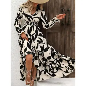 Women's All Over Print Flounce Sleeve Shirred A Line Dress, Boho V Neck Long Sleeve Dress for Spring & Fall, Women's Clothing for Beach Holiday Vacation, Womenswear