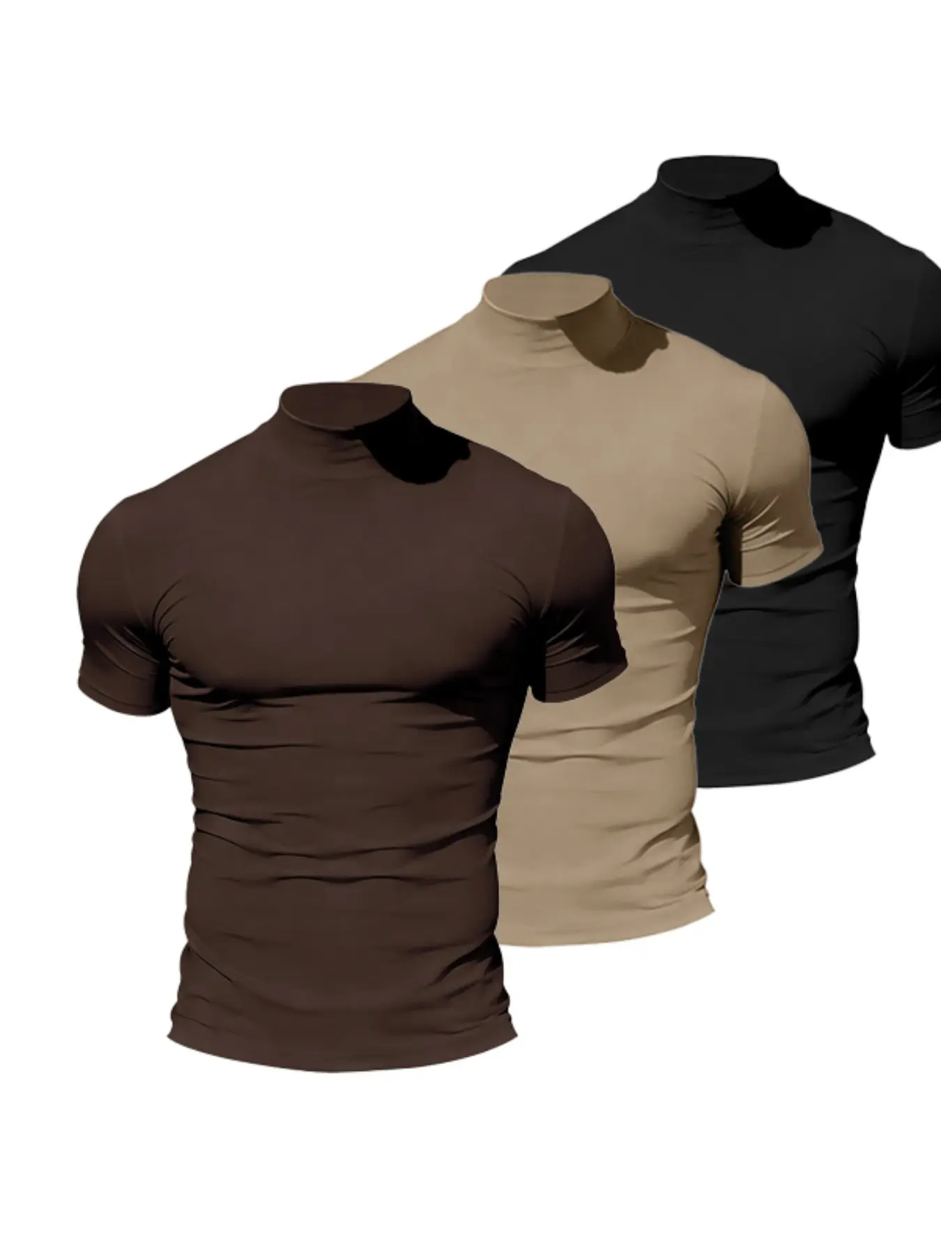 Men's Summer Plain Short Sleeve Crop Top Three-Pack Slim Fit High Neck T-Shirt, Breathable Comfort Fabric, Casual Gym Wear, Casual Workout Tops, Casual Sports Tops, Casual Fitness Wear