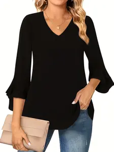 Women's Elegant Casual Basic V Neck Chiffon Shirt with Gathered Bell Sleeves, Lightweight Semi-Transparent Long Sleeve Blouse Top Womenswear for All Seasons