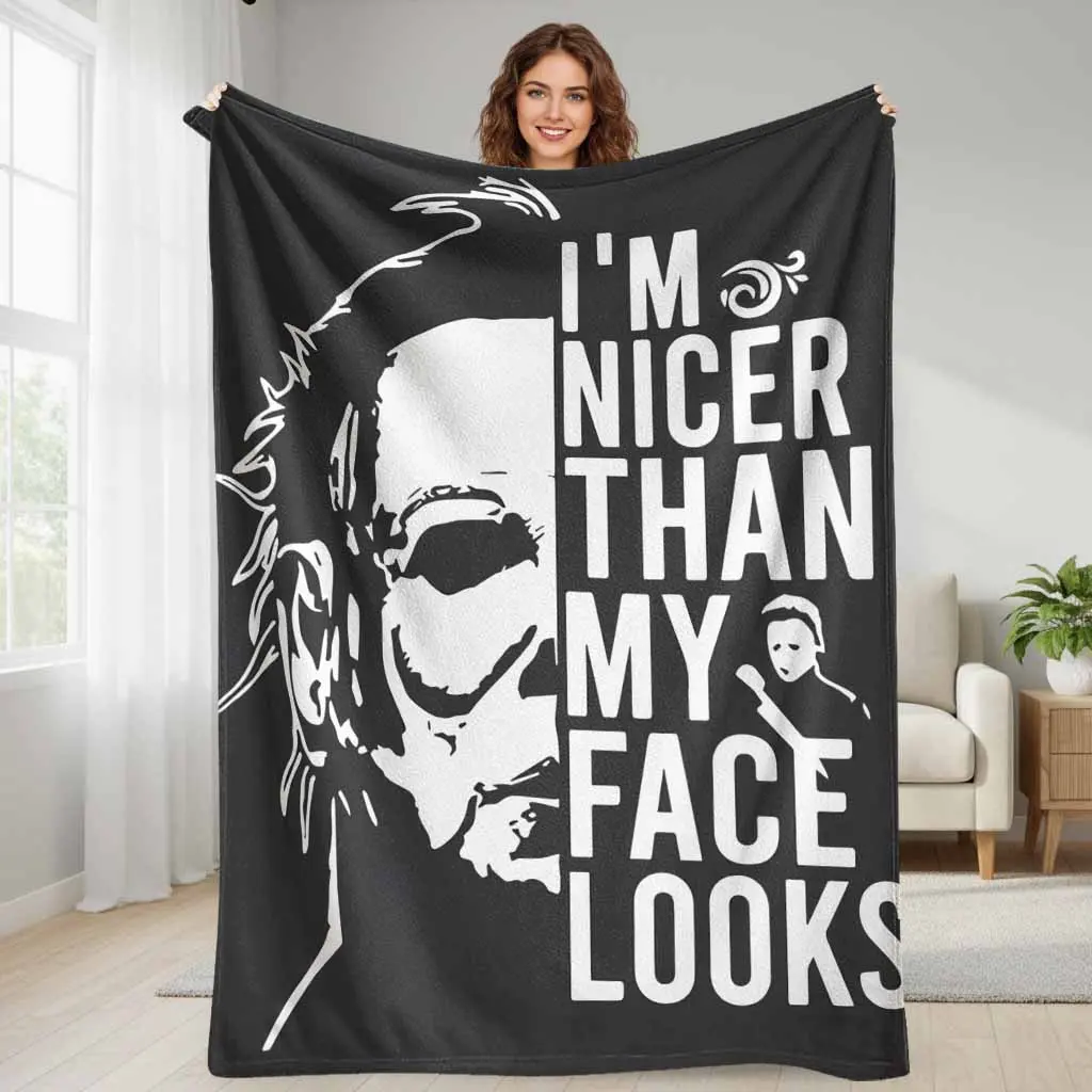 Horror Mask Character Flannel Blanket, Black and White Typography Print, Soft, Warm, Breathable, Durable, Lightweight, Wrinkle Resistant, Fade Resistant, Machine Washable, Halloween Gift, Bedroom Decor, General Use For Adults