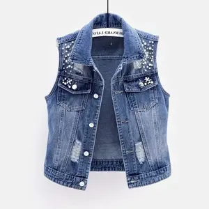 Women Denim Vest Luxury Pearls Fashion 2025 Spring Autumn Jeans Jacket Sleeveless Loose Short Coat Waistcoats Streetwear Female Womenswear Outerwear
