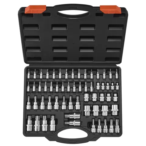 VEVOR 60-Piece Heavy Duty Socket Kit, Rustproof S2 Alloy Steel & Cr-V Steel Chrome-Plated Sockets, 17-TR Torx Set, Specialty Mechanic Wrenches, Car Repair Mechanic Tools, Bold Letters, Quick Sizing, Fast Bit ID