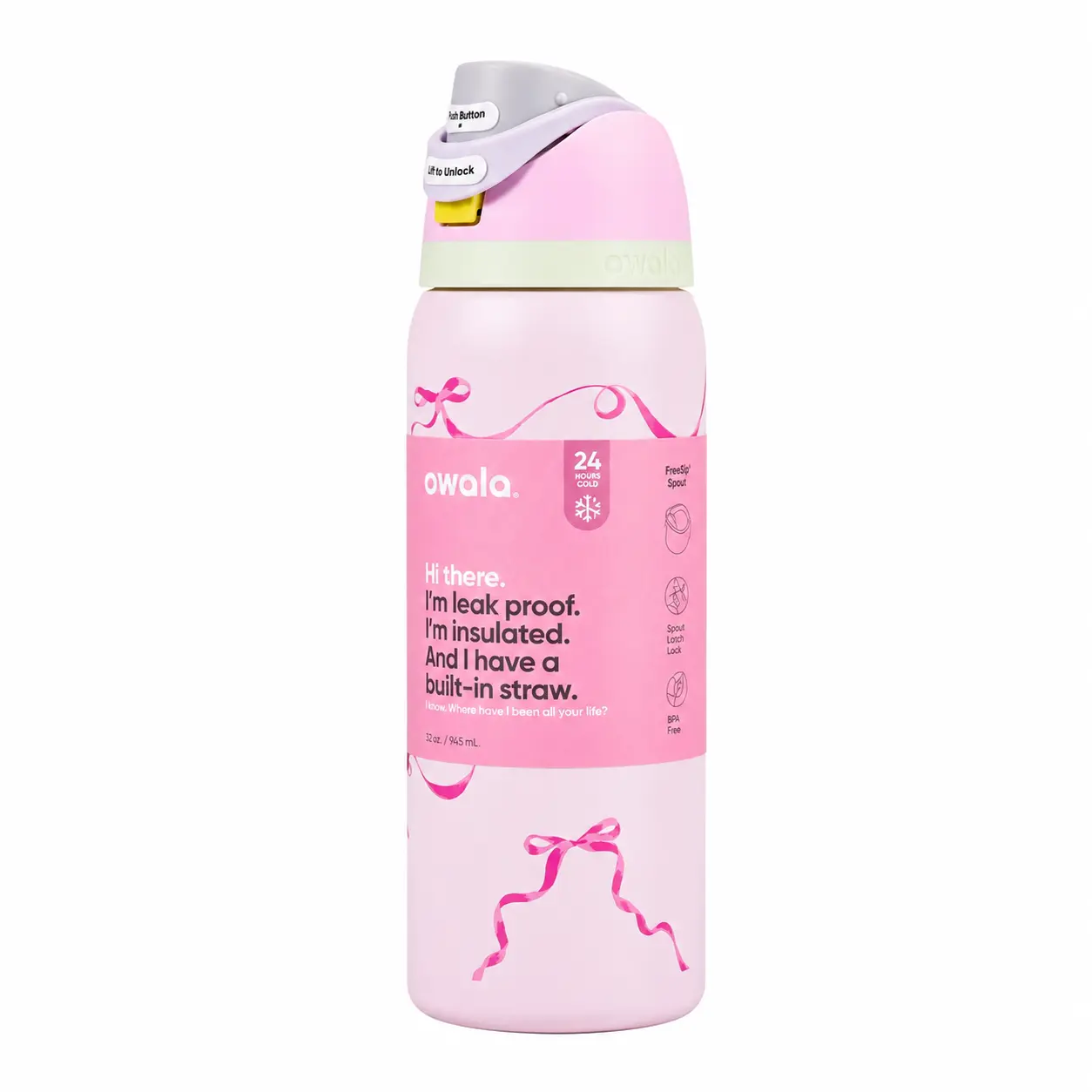 Owala 32oz Insulated Water Bottle with Straw, Pink Tumbler with Bow Design, Leakproof Stainless Steel Travel Cup