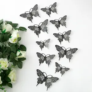 12pcs Hollow Butterfly Wall Stickers, 3D Stereo Design, Holiday Wedding Party Decoration, Trendy Style Soft Decor