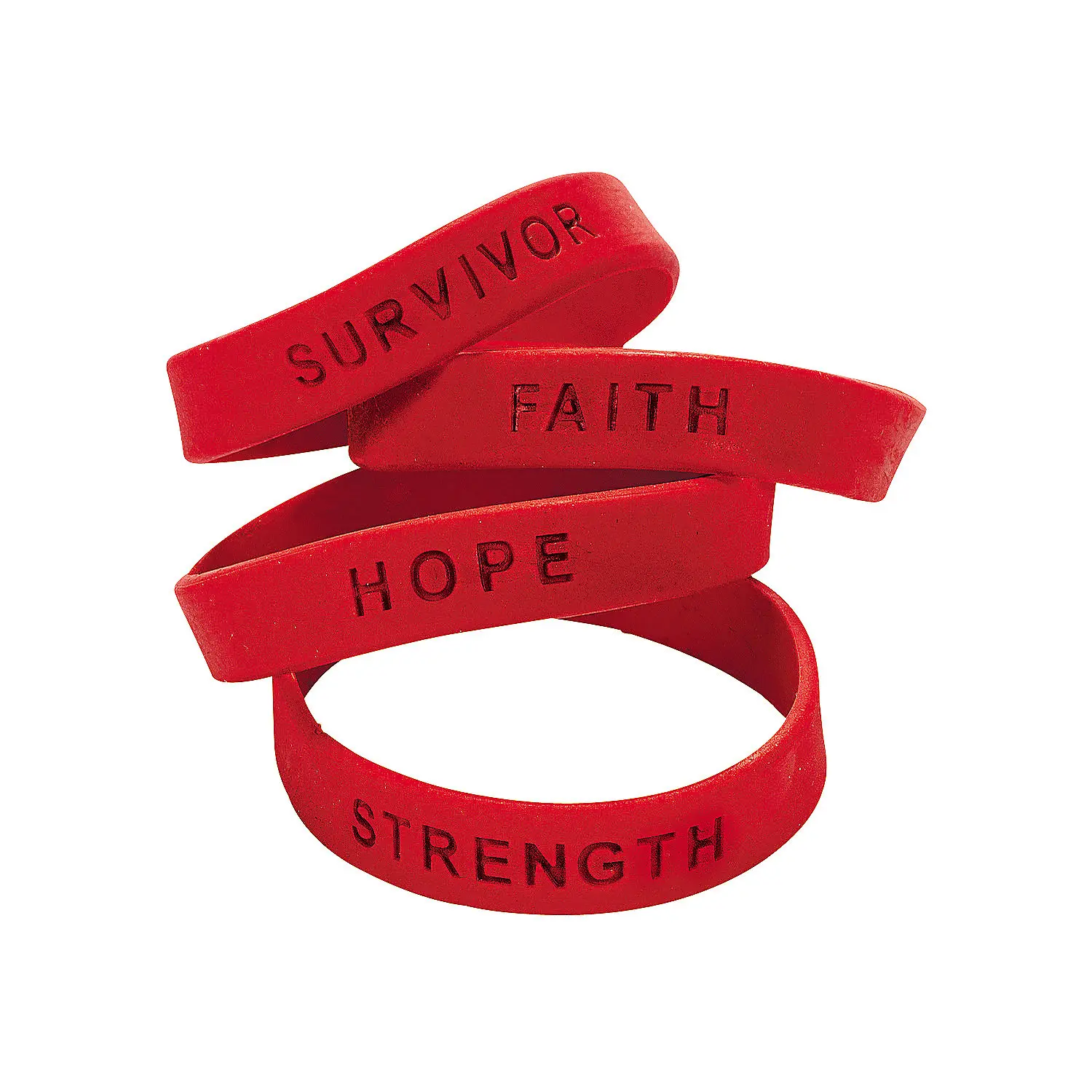 Rubber Bracelet Set of 24, Red Inspirational Wristbands with Imprinted Hope, Faith, Strength & Survivor Text - 7.25 Inch Unisex Gift for Fundraisers & Events, Imprinted Text, Awareness Walks, Year-Round, Rubber Bracelets