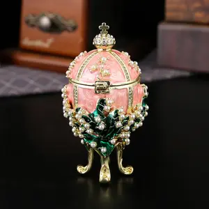 Luxury Pearl Crown Faberge Style Egg Shaped Gift Jewelry Box, Enamel Lily Design Ornament Storage Box, Solve Necklace Tangles & Vanity Clutter