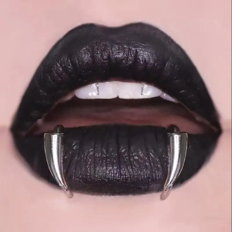 [ChickyGirl] 2-Pair Clip-On Lip Rings - Black & Silver Gothic Stainless Steel Fang Design, Unisex Y2K Body Jewelry for Daily & Halloween, Labret Studs Mouth Adornment Gift, Fangs