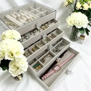 Viral Acrylic Jewelry Box Organizer for Women, 5 Layer Stackable Velvet Jewelry Storage with Clear Drawers for Earrings, Rings, Necklaces & Bracelets, Luxury Vanity Organizer Aesthetic Room Decor Gift