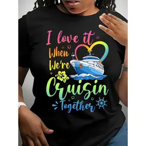 Vibrant "I It When We Sail" Graphic T-Shirt - Comfortable, Airy Round Neck Tee Featuring a Bright Cruise Ship And Heart Motif, Short Sleeves, Washable in Machine - Ideal Casual Summer Wear