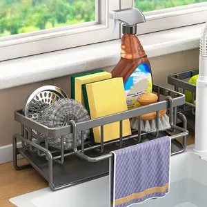 Self-Draining Sink Caddy Organizer, Sponge Holder with Storage Basket, Kitchen Sink Tray for Dish Brushes & Scrubbers, Countertop Storage Rack