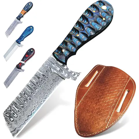 Cowboy Knives with Leather Sheath - 8" Sharp Handmade Steel Damascus Steel Knife - EDC Fixed Blade Hunting Knife for Skinning, Camping, Bushcrafting, and Outdoor Activities