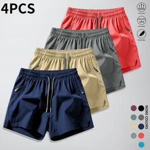 4-piece set of men’s breathable athletic shorts with zippered pockets and elastic waistband — smooth jogging shorts suitable for running, fitness, and casual wear, minimalist solid colors