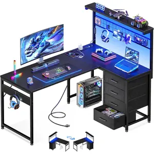 MOTPK L Shaped Gaming Desk with Shelf & 4 Drawers, 43" Reversible Computer Desk with LED Light, Home Office Table with Hutch and Hook, Black