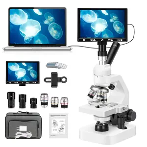 The monocular composite microscope is suitable for children and adults, with a magnification of 40 to 2000 times. This microscope is equipped with a double-layer movable stage, LED light sources on both sides, and a 7-inch high-definition screen