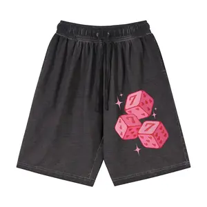 Lucky 777 Pink Dice Washed Cotton Shorts | Vintage Gradient Drawstring Casual Shorts, Y2K Heart Dice Graphic Summer Streetwear, Soft Cotton Loungewear for Daily Wear, Beach & Gym