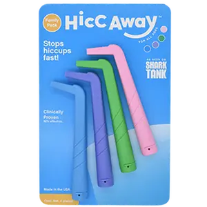 HiccAway Hiccup Straw Family Pack of 4 - Stops Hiccups Fast, as seen on Shark Tank - Clinically Proven for All Ages. Safe, reusable & lightweight.