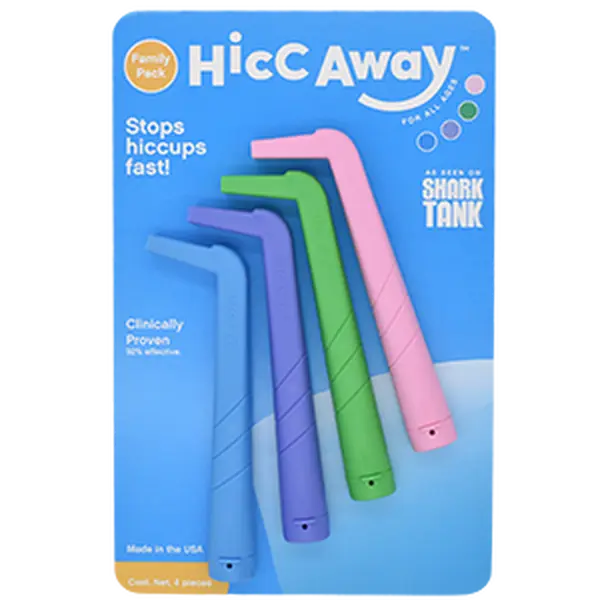 HiccAway Hiccup Straw Family Pack of 4 - Stops Hiccups Fast, as seen on Shark Tank - Clinically Proven for All Ages. Safe, reusable & lightweight.
