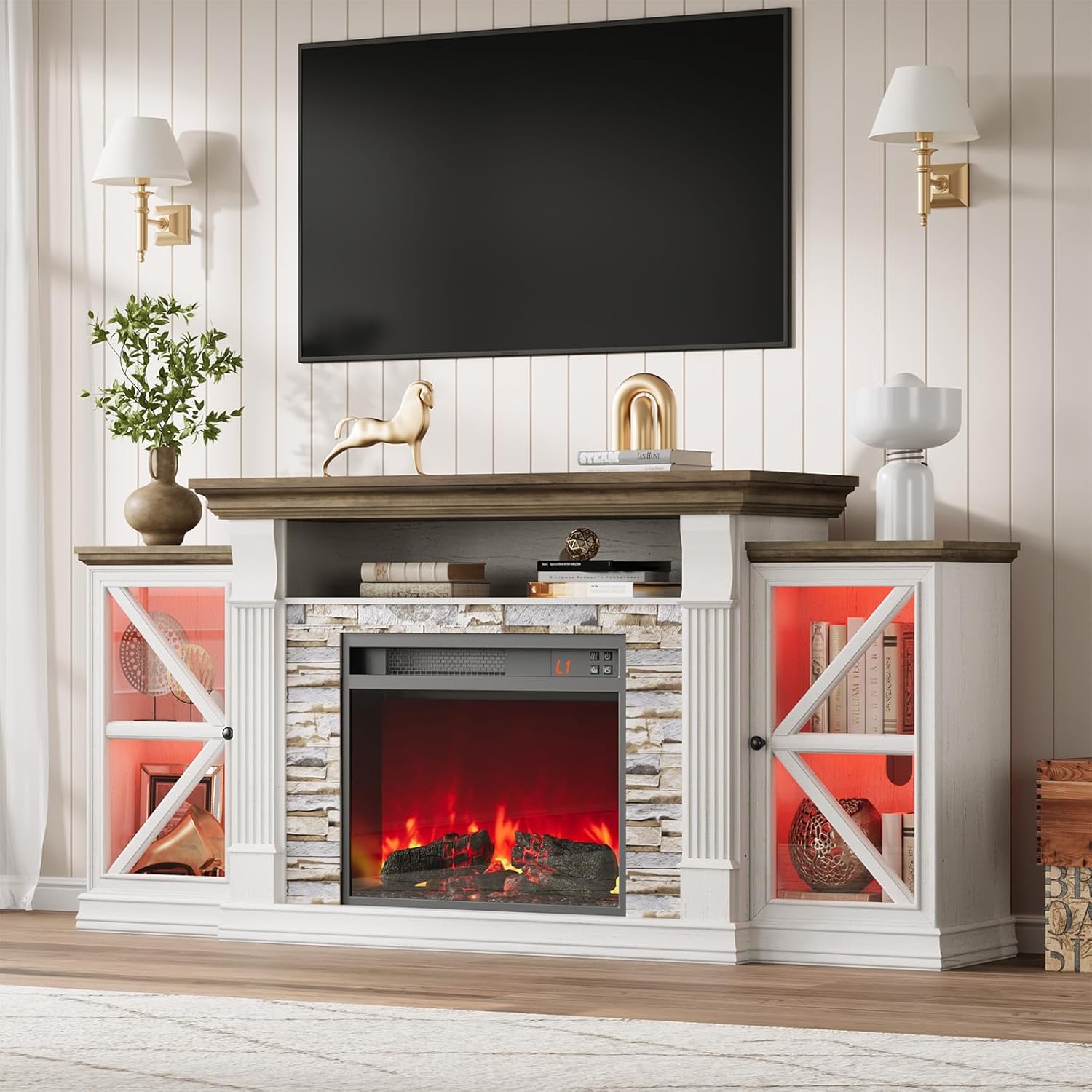 Electric Fireplace TV Stand, 70" Farmhouse Entertainment Center with Open Shelf and Glass Barn Door Cabniet, Modern, Customized Electric Fireplace TV Stand, 70" Farmhouse Entertainment Center with Open Shelf and Glass Barn Door Cabniet, Modern, Customized