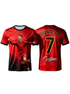 Ronaldo #7 Portugal Red Black Gradient 3D Full Print Soccer Jersey Signature Detail Breathable Quick Dry Short Sleeve for Ronaldo Fans, Portugal Supporters, Football Collectors & Streetwear Enthusiasts