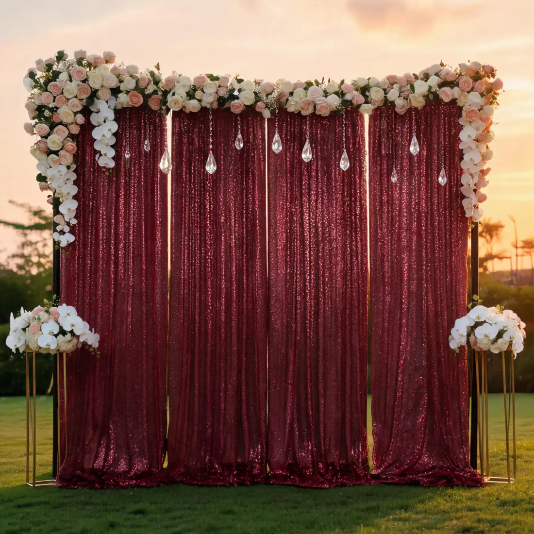 Elegant Burgundy Sequin Backdrop Curtain 6 Panels 2FTx8FT for Anniversary Party Photography Studio Wedding Birthday Glitter Decor