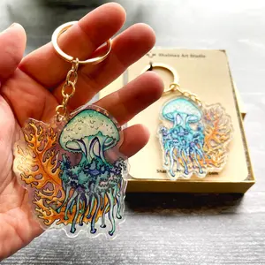 Clear Acrylic Holographic Keychain Jellyfish, for New Home, Car, Teacher Student Gifts, Christmas gift