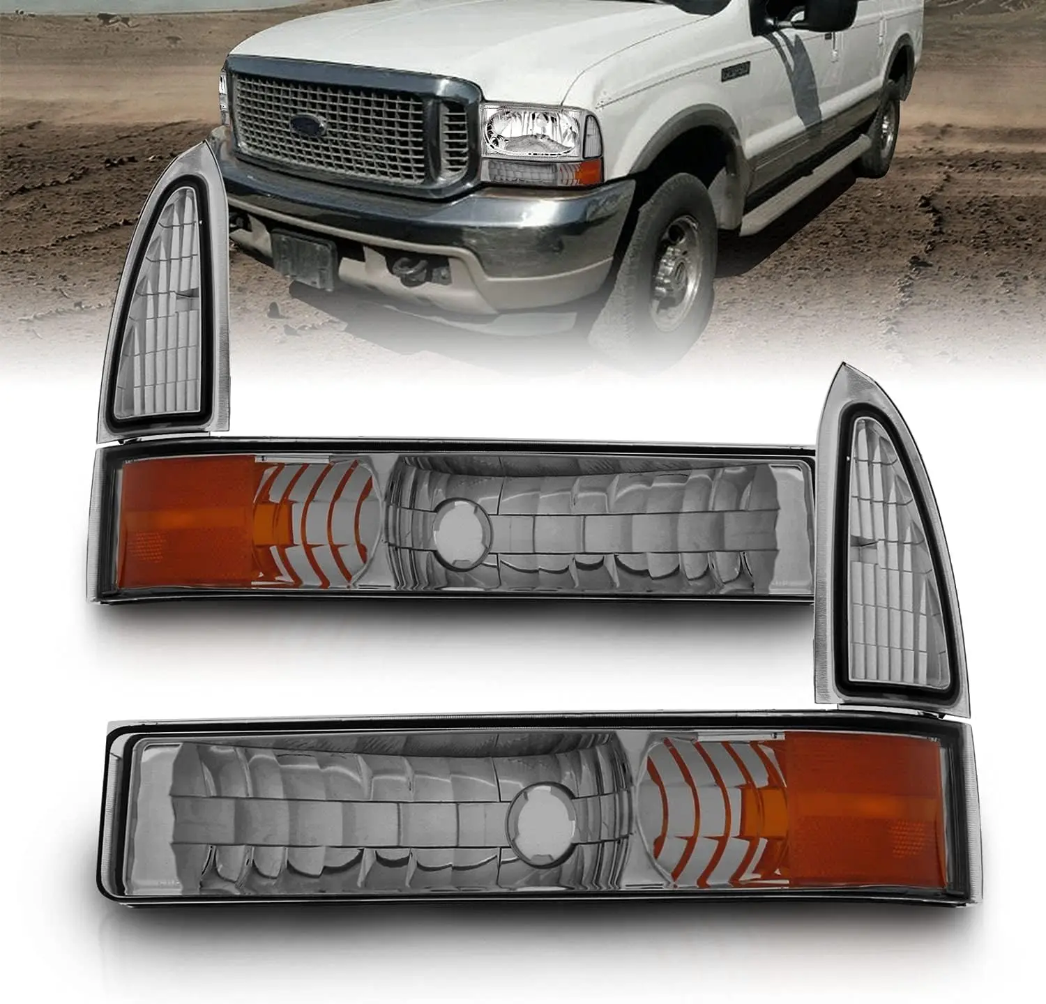 AmeriLite Front Bumper Lights Smoke Amber For Ford Excursion/Super Duty - Passenger and Driver Side