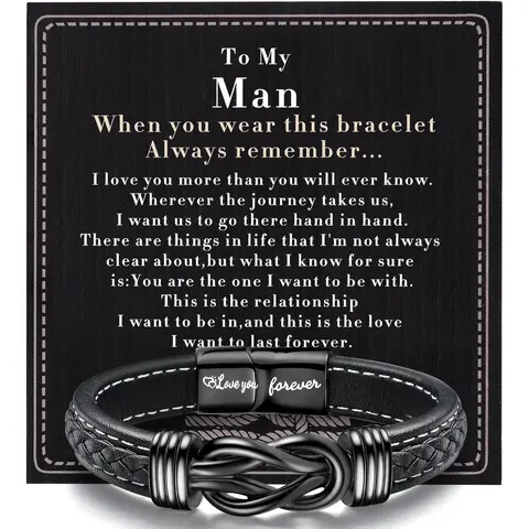 YADOCA Men's Engraved Leather-Stainless Steel Infinity Knot Cuff Bracelet - Love Bracelet, Boyfriend Birthday Gift, Guys Gifts for Anniversary Occasions
