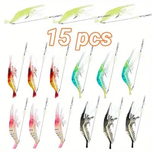 A Set of 15/12 Pcs Saltwater Fishing Lures Shrimp Baits,Premium Soft Shrimp Fishing Tackle with Luminous Sharp Hooks,for Freshwater and Saltwater,Halloween Party Gifts,Hand Tools Kits,Summervibes