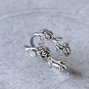 925 Sterling Silver Vintage Rose Open Ring, Adjustable Flower Band for Women and Girls Valentine's Day/Birthday christmas anniversary Jewelry Gift