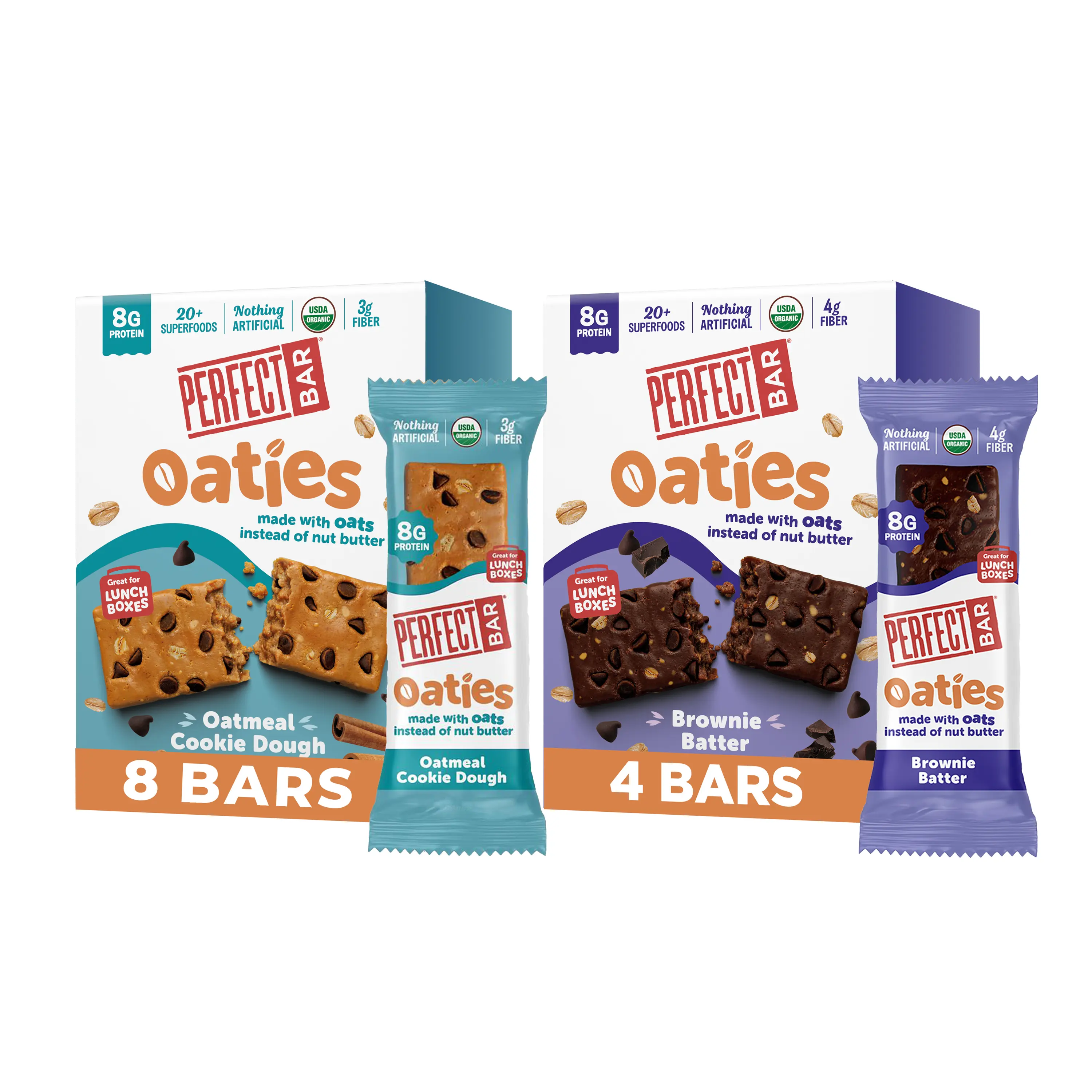 Perfect Bar Oaties Refrigerated Protein Bars, Variety Pack, Oatmeal Cookie Dough and Brownie Batter, Oat-Based Lunch Box Snacks, 8g Protein, 20+ Superfoods, Kids & Adults, 1.83 oz bars, 12 count