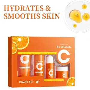 5X 4 in 1 Vitamin C Skincare Travel Set for Business Trips - Includes Facial Cleanser(30g),Serum(10ml), Toner(30ml), and Face Cream(15g)- Moisturizing Firming Anti-Aging Soft Skin,Perfect Gift for Mom and Best Friends - Easy to Carry Hydrate