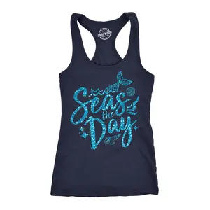 Womens Tank Seas The Day Tanktop Cute Mermaid Summer Tee for Ladies Glitter Print Funny Racerback Tank Cute Slimming Tank tops comfortable soft top Funny Summer Sleeveless Tee Novelty Tank Tops for Women Navy