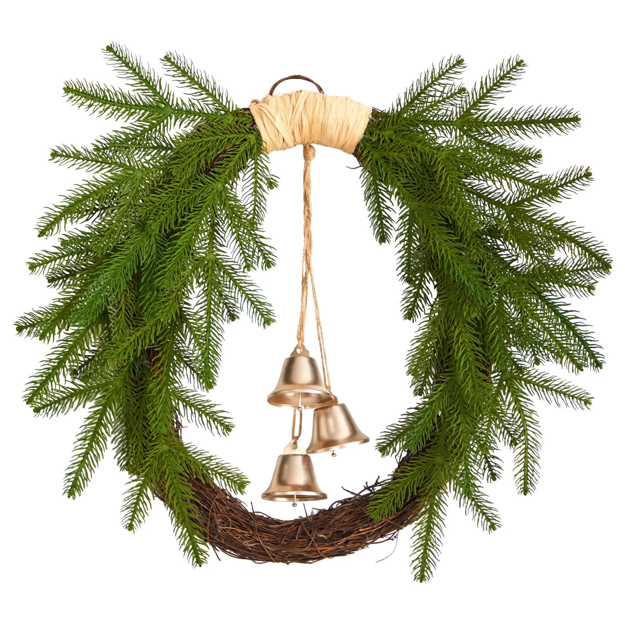 Nearly Natural 24" Holiday Christmas Pine & Bells Wreath