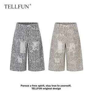 TELLFUN Men's Y2K Mid-Waist Loose-Fit Leopard Print Ripped Cropped Jeans - 7-Point Wide-Leg Denim Trousers, Sexy Fashion Comfortable Bottoms, Unisex Daily Casual Streetwear
