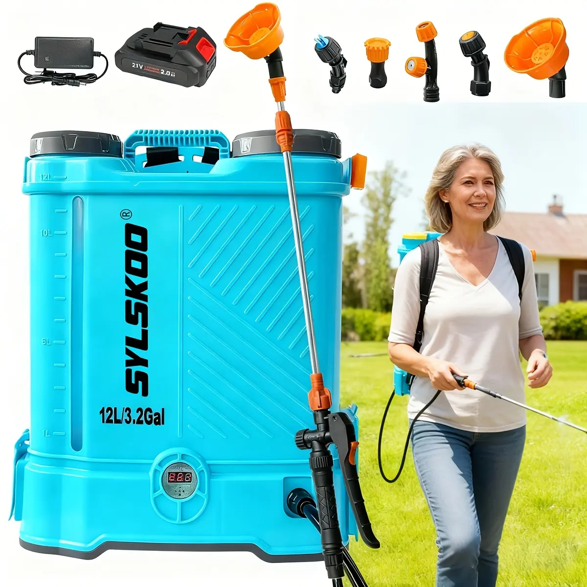 3.2 Gallon Backpack Sprayer Battery Powered, 0-80 PSI Adjustable Pressure Sprayer Compatible with 18V Battery, Electric Sprayer with steel telescopic spray wand, 5 Nozzles, 2.0Ah Battery&Charger Included