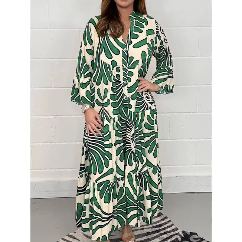 slim fit dress slacks Green Palm Leaf Print Maxi Dress - Vacation Dresses main image 0