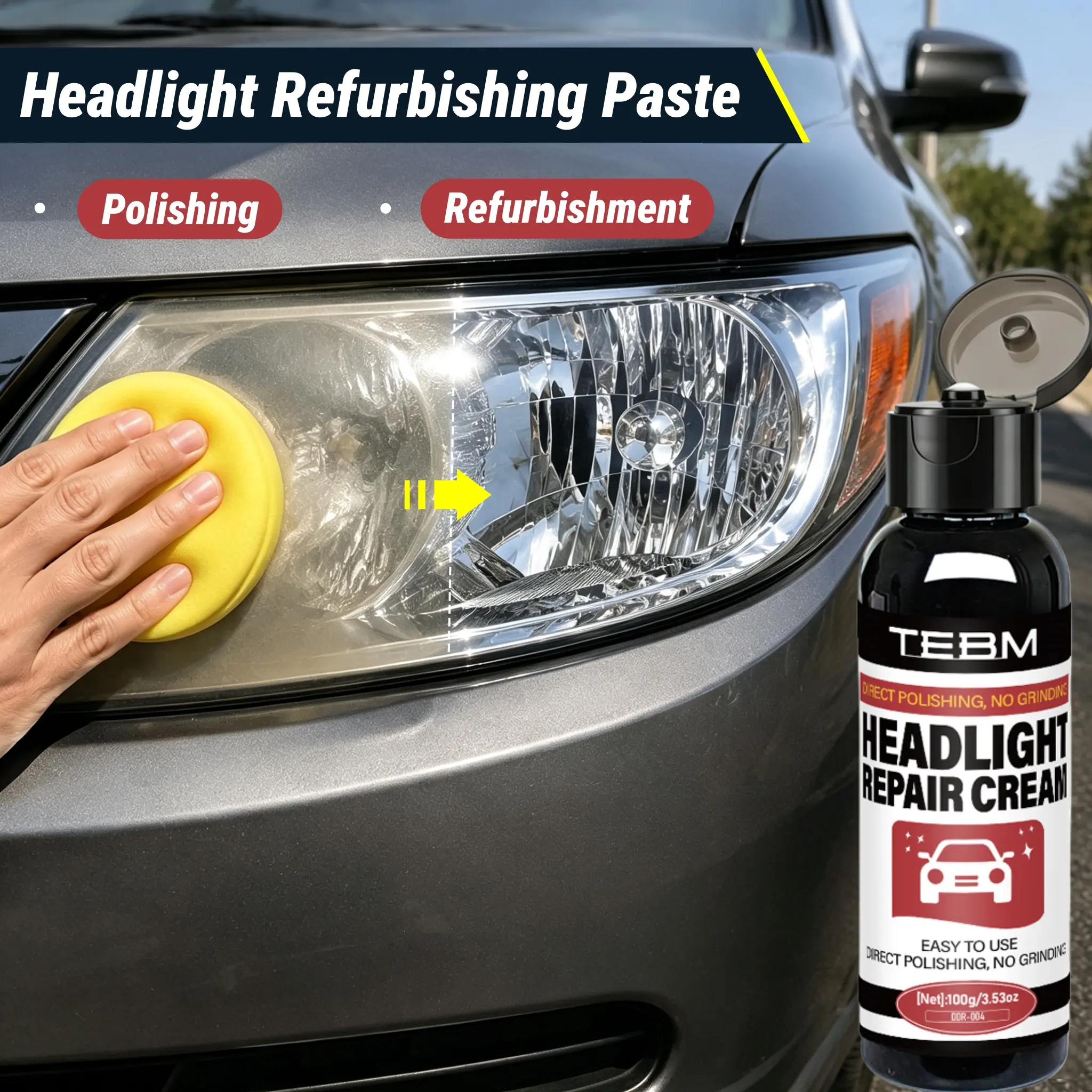 Professional Headlight Restoration Kit – Sanding-Free, No-Disassembly Formula for Rapid Oxidation Removal and Clarity Enhancement. Compatible with Sedans, SUVs, Trucks, RVs, and Motorcycles.