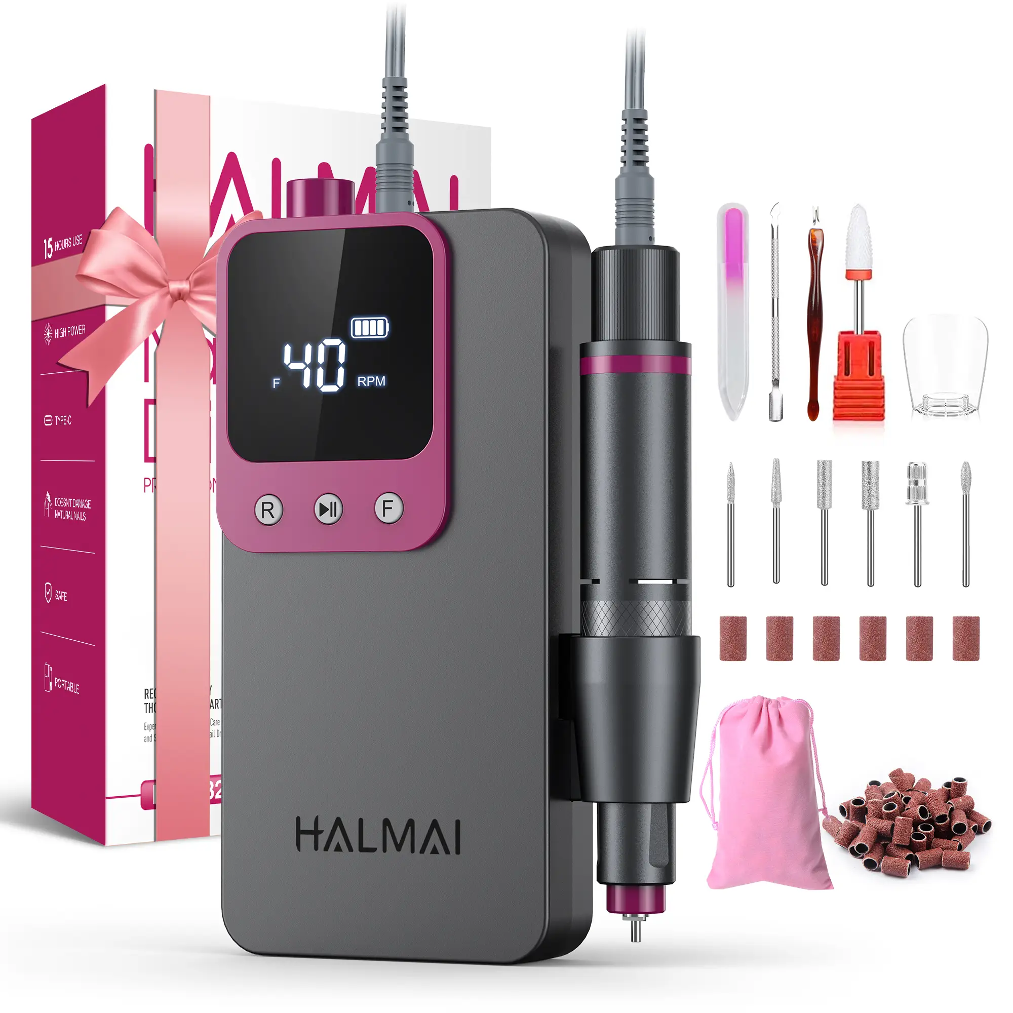 HALMAI Ultra Power Nail Drill: Professional Cordless Electric File for Acrylic & Gel Nails, Ultra-Powerful Motor Engineered by HALMAI, Vibration-Free