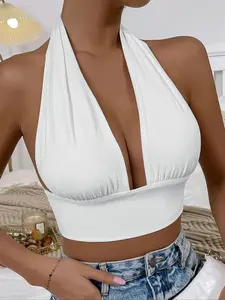Women's Backless Tie Back Top, Casual Ruched Halter Neck Top, Summer Clothes Women, Ladies Clothes for Daily Wear, Going Out Tops