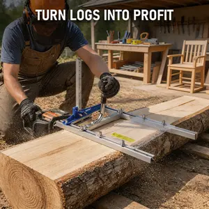 Professional Chainsaw Mill 14"-20" Portable Lumber Cutting Guide with Chrome Frame, Blue Bracket, 2 Pairs of Wedges, Acrylic Plate, Scale Mark, Gloves & Tool Kit for Builders & Woodworkers