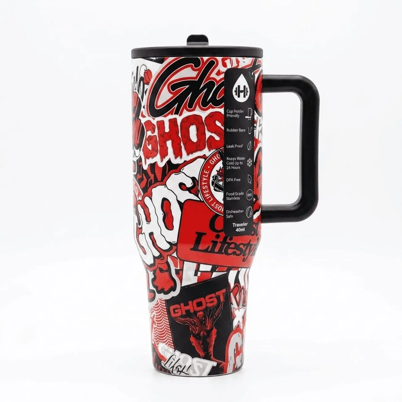 HydroJug GHOST INFRARED RED & BLACK  40Oz Traveler | Leak-Proof Insulated Tumbler with Flip Straw & Cup Holder Fit Flasks Lid Drinkware Leakproof Tumbler