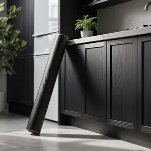 A roll of black wood grain stickers, Self Adhesive Wallpaper, waterproof and oil-proof vinyl film, suitable for kitchen, bathroom, easy to paste and remove, hollow pattern, semi-gloss, self-adhesive, reusable PVC material
