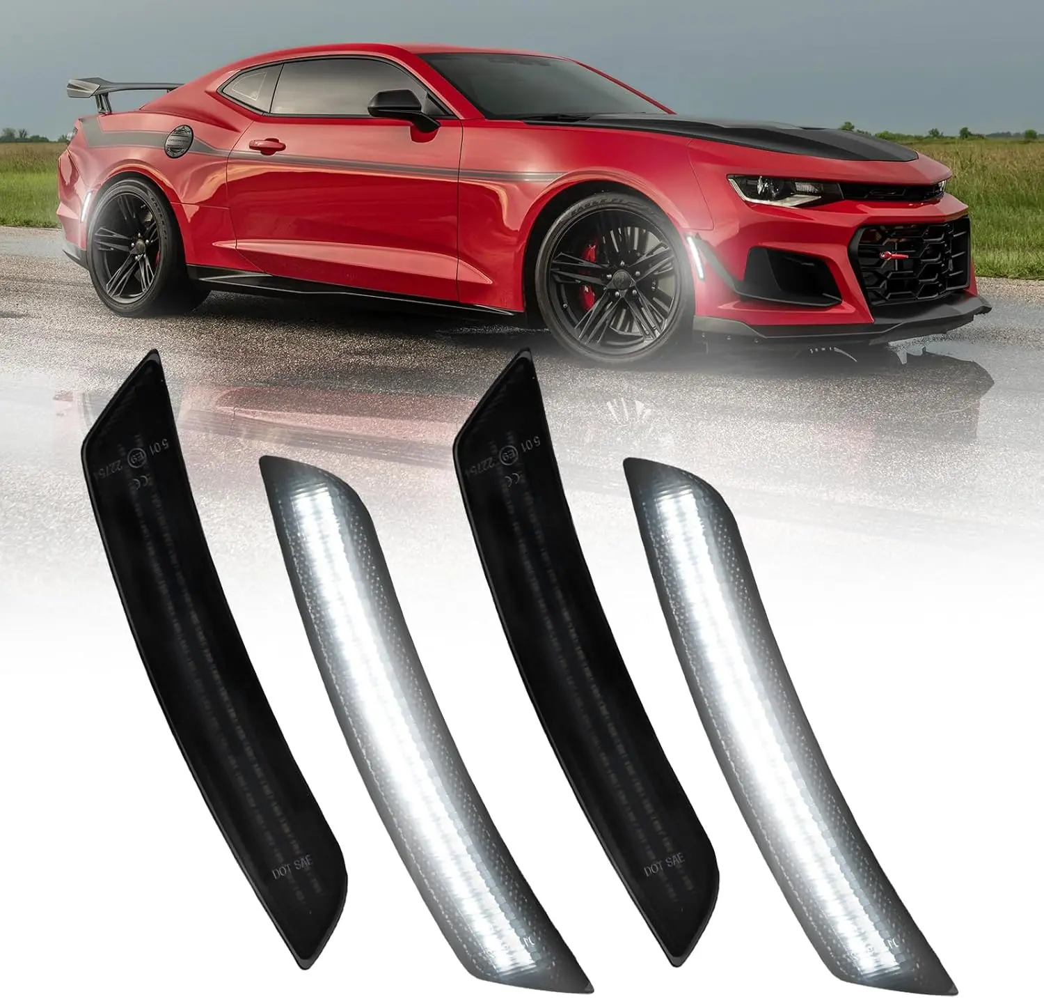 AUTOONE LED Side Marker Lights White Compatible With Chevrolet Camaro 2016-2023, Front & Rear Fender Side Markers, Smoked Lens Driver & Passenger Side Bumper Lights, Pack of 4