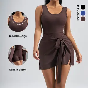 Soyun‘s Women Tennis Dress Sleeveless Yoga Golf Athletic Dresses Ruffle Side Slit Workout Dress Womens Tennis Dress Wrap Skirt Built in Shorts Sleeveless Golf Athletic Romper Sundress Tie Front Spandex Durable Fabric