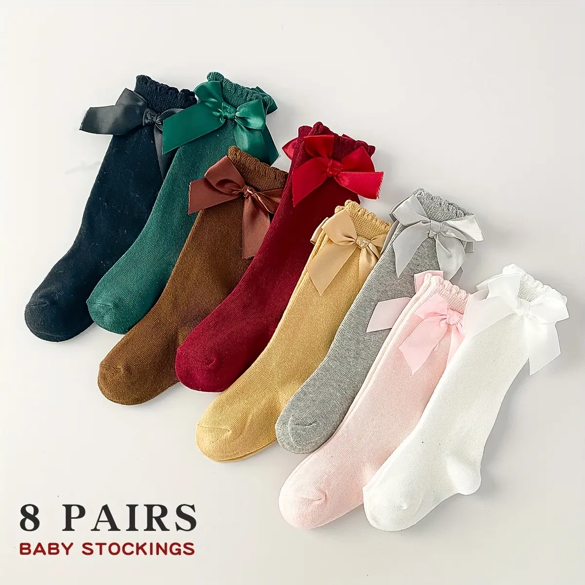 8 Pairs Baby Toddler Bow Knee High Socks Girls Polyester Blend Stretchy Socks All Seasons Newborn Unisex Kids Socks
