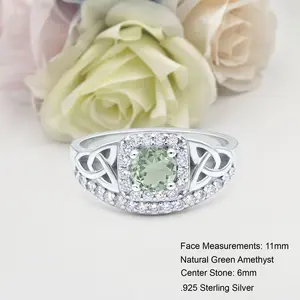 Trinity Halo Cushion Cut 0.84 Carat Natural Green Amethyst Prasiolite Ring Bridal Band Wedding Round Shape Ring 925 Sterling Silver 11mm